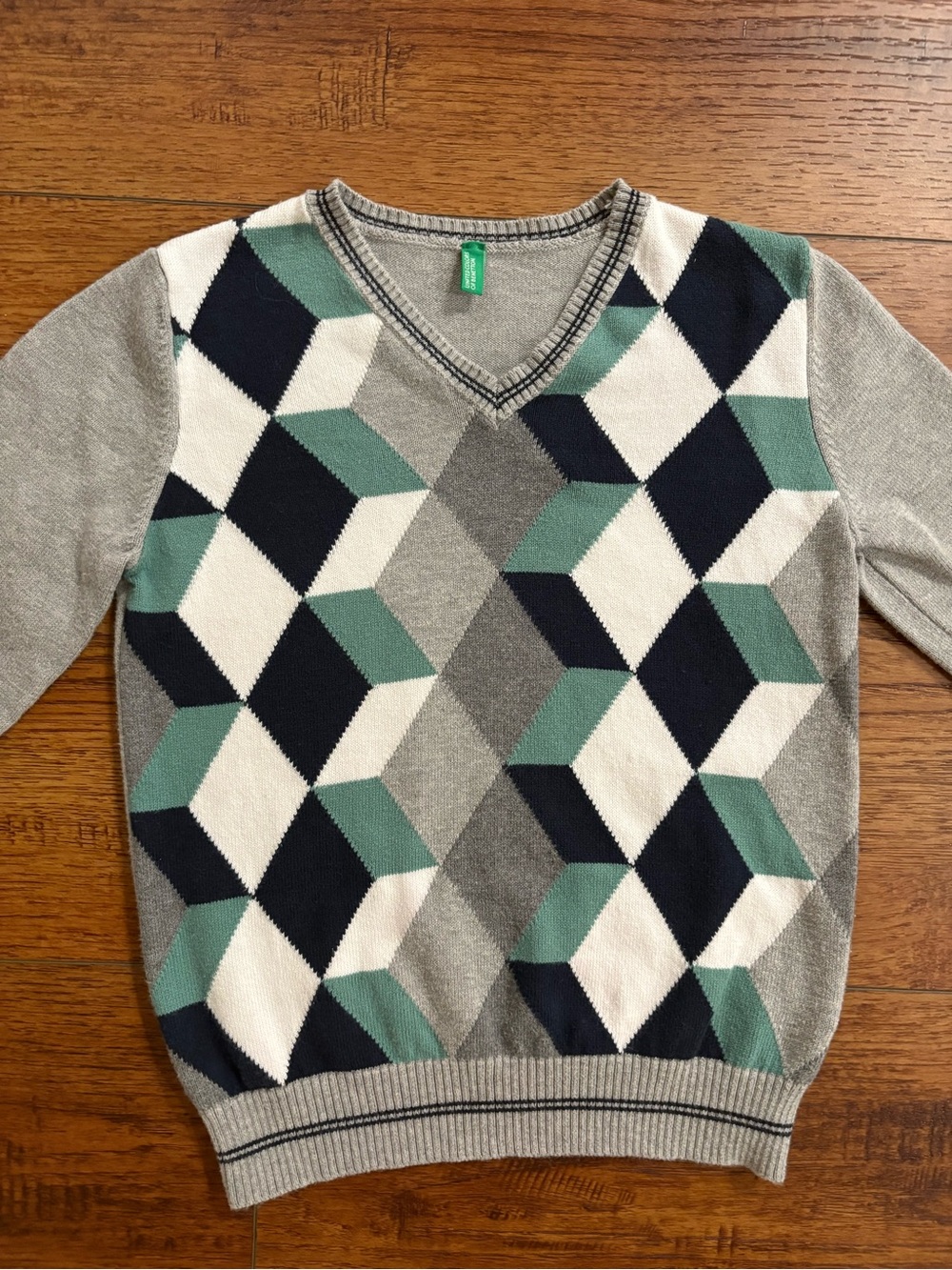 United Colors of Benetton Boys Size 6-7 Gray Geometric Argyle Cotton Sweater